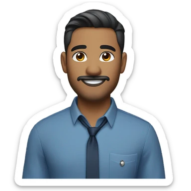 navajo  emoji of a man with short dark hair, clean-shaven, goatee and mustache.  wearing a formal button-up DARK blue shirt,  smiling  with a smartwatch on his wrist. and wearing small silver chain necklace  resemble professional attire. smaller eyes  sticker