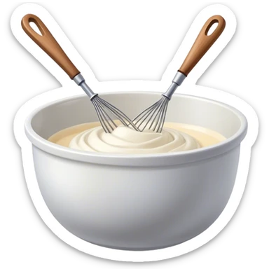 Cinematic Realistic Whisk & Mixing Bowl, a well-used metal whisk resting in a smooth ceramic mixing bowl, light reflecting off the whisk’s polished surface, subtle smears of batter along the rim, glowing with a sense of warmth and creativity. sticker