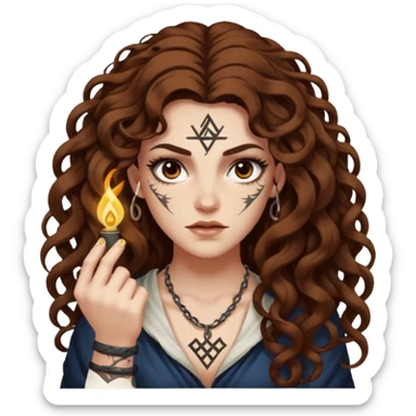 woman with long curly brown hair, brown eyes, white skin, tattoos, raising one eyebrow as a rune lights up “obvious” sticker
