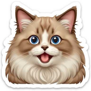 cinematic-adorable-big-eyed-fluffy-brown ragdoll-cat-portrait-emoji,-head-tilted-playfully-with-a-cute,-yawn,-soft-brown-and white-colored-fur-with-darker-points-on-the-ears,-simplified-yet-irresistibly-cute-features, sparkling blue eyes sticker