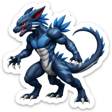Black and Blue Venom-Stitch-WereGarurumon-Zekrom-Salandit-Sneasel-fusion, full body, tribal markings  sticker