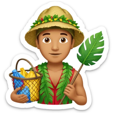 Hawaiian man with leaf hat and big trash net and colorful cloth sticker