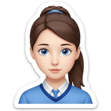 Realistic Student Portrait, with porcelain-like skin featuring a natural rosy flush, illuminated by soft lighting that highlights the gentle contours of her face. Her Brunette pony tail hair flows in soft, Her deep blue eyes radiate warmth and innocence,  wear light blue preppy style. sticker