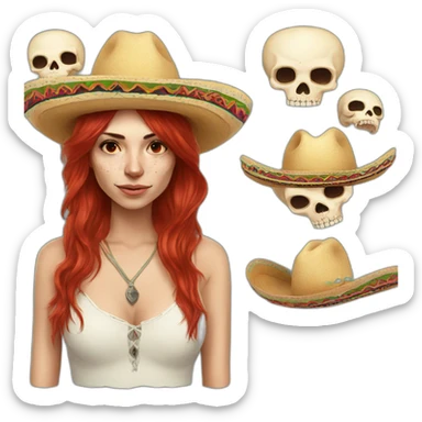 Skull girl mexican red hair Sombrero indie rock sticker