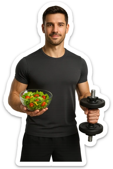 uomo fitness che fa ha un insalata nella mano destra e un manubrio da palestra nella mano sinistra sticker