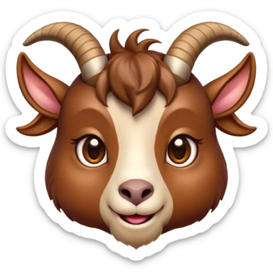 Cinematic Cute Brown Goat Portrait Emoji, Head tilted playfully and inquisitively, featuring a glossy, rich brown fur with charming curved horns, round, sparkling eyes filled with gentle curiosity, Simplified yet irresistibly adorable features, highly detailed, glowing with a warm, friendly glow, high shine, affectionate and lively, stylized with a touch of rustic whimsy, bright and endearing, soft glowing outline, capturing the essence of a mischievous yet loving goat, so playful it feels like it could trot out of the screen and into your arms! sticker