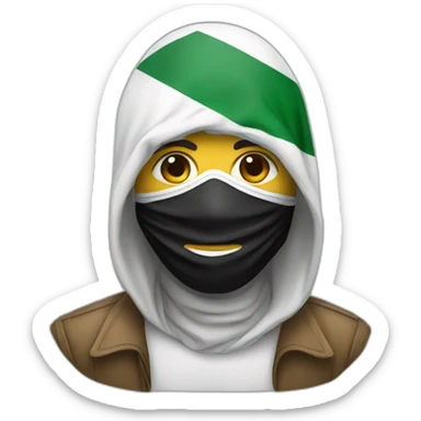 A man wearing a mask with the Palestinian flag on it sticker