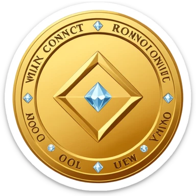 Create a high-quality 3D render of a shiny yellow/gold coin. In the center of the coin, place a diamond-shaped logo (“wajik”). Around the logo, engrave the text “Rusoconnect Network” in a circular layout. sticker