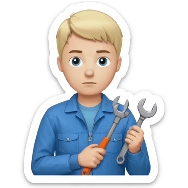 Calm and independent male technician, fair skin, short blonde hair, cool light-blue eyes, serious but composed expression, wearing a blue work jacket over a grey t-shirt, holding a wrench in one hand and a mechanical gear in the other, waist-up, front-facing sticker