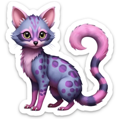 Deep dark pastel bright whitish pale indigo-purple-Violet-pink-gradients with darker points Asian painted anime-styled big-eyed shiny glorious divine marked exotic cool beautiful realistic Lykoi-civet-genet-sergal-ocicat-oncilla-animal-Fakémon-hybrid-fursona (full body) sticker