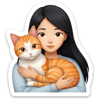 Young Asian woman with long straight black hair cuddling a white and orange tabby cat, gentle embrace, affectionate pose sticker