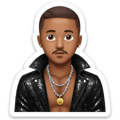 Marques Houston with dark brown hair, black sequin jacket, shirtless with necklace sticker