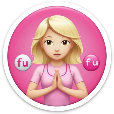 angelic blonde girl in light pink yoga outfit pushing "F U C K" pink button  sticker