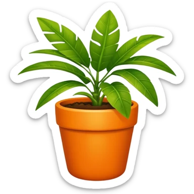 A tropical plant  in a small orange pot sticker