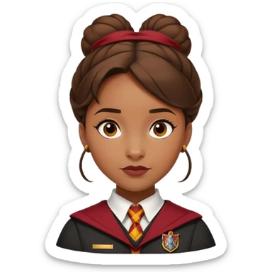 Angelina Johnson in harry potter, wear hogwarts gryfindor uniform,  thick, brown bun hair , reflecting her bold, stylish, and strong personality sticker