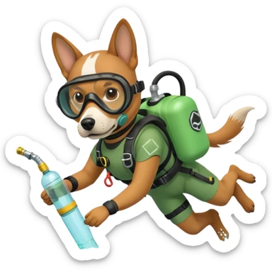 dog wearing scuba green gear dive into the sea with diver mask and oxygen tank sticker