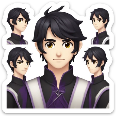 Anime boy, semi realism, ledium flowy messy black hair past eyes, narrow eyes, hair between eyes, dark purple eye color, long elf ears, long face, handsome, tall sticker