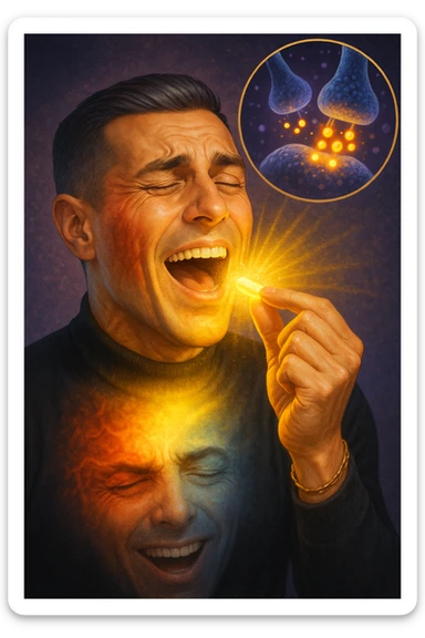 "Man taking simple sugar tablet believing it's powerful medicine, golden healing light emanating from pill as it dissolves, his chronic pain visibly dissolving as relief spreads across his face, expression transforming from suffering to amazement, brain chemistry changing through pure belief, microscopic view showing endorphins releasing purely from expectation, body healing itself through mind's conviction" sticker