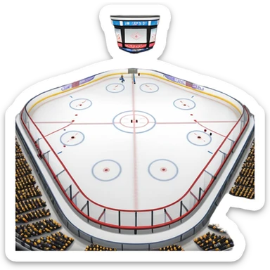 Please, make An icon featuring The background shows a packed stadium with cheering fans, bright arena lights, and an icy rink and close-up shots of key hockey equipment: a hockey stick, puck, and skates. Transparent background highlights the essentials of the game and the thrill of the sport. sticker