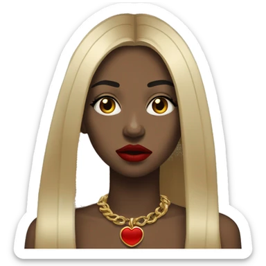 Sad Black girl with long black straight hair and red lipstick with gold hoop earrings and and a gold necklace  sticker