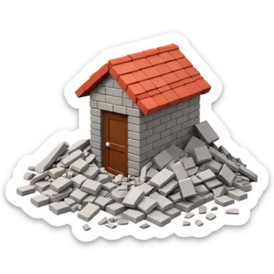 3D iPhone style emoji of a pile of bricks, roof pieces, and wall rubble, scattered and broken, isolated on white background, soft shadows, high detail, playful and cute sticker