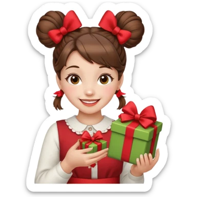 A cheerful young girl with brown hair styled in two playful buns adorned with red bows is winking and smiling.  In her hands, she holds a small decorated  sticker
