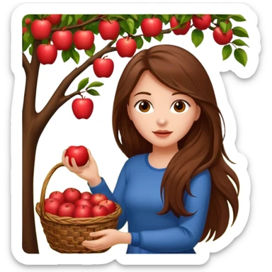 Attractive Girl with long brown hair picking an apple off a tree with a basket of apples sticker