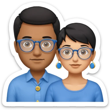 Dois emojis, um homem pardo com cabelos pretos, blusa azul com gola e botões, óculos retangular na cor azul. Mulher parda com cabelo curto preto, óculos redondos e transparentes, está com vestido azul de alças finas e com brincos de argolas douradas na orelha sticker