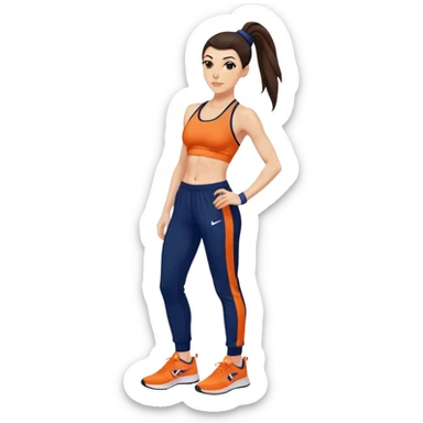 Melanie chisholm with a dark brown high ponytail, wearing an orange sports bra and navy blue track pants with sneakers sticker
