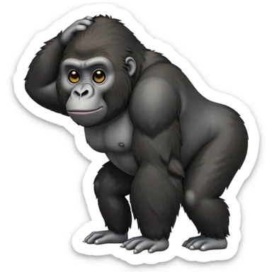 cinematic-friendly relaxed gorilla-realistic-full-body-crouched on all fours-emoji,-broad-frame-poised-with-confidence,-massive-arms-hanging-slightly-forward,-head-tilted-thoughtfully,-thick-black-fur,-deep-dark-eyes-full-of-intelligence,-simplified-yet-realistic sticker