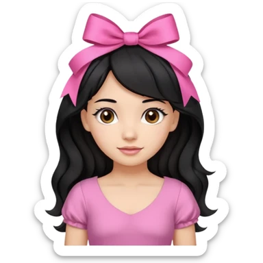 Beautiful girl with black hair in a half-up half-down hairstyle with pink ribbon tying the top half, waves at the ends, brown eyes, light skin, slight smile, and pink dress sticker