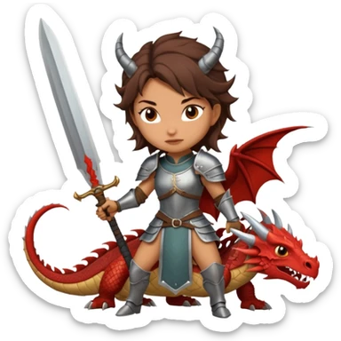 Fierce Latina in armor with a sword after a battle cutting off the head of a dragon sticker