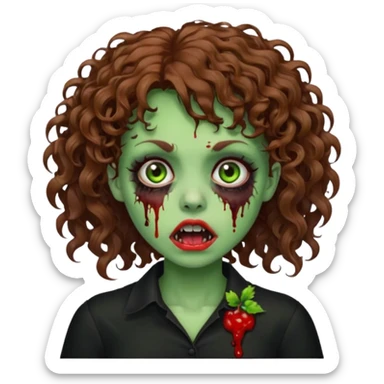 Green zombie emoji girl with curly Brown hair, with curly bangs, wearing a black bluse, blood Just in the tongue  sticker