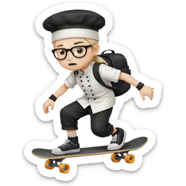 ["An angry boy with light skin, ponytail, wearing a chef hat and square glasses, dressed in goth fashion, is skateboarding while holding a backpack."] sticker