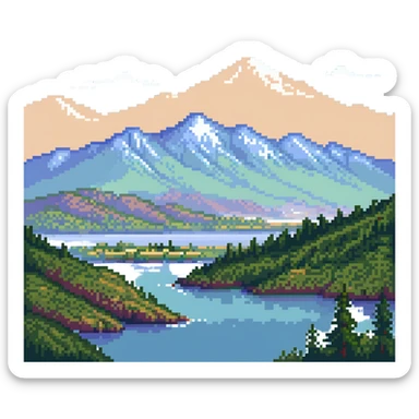 landscape of Nalchik with mountains in the background in pixel art style sticker