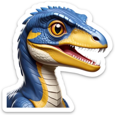 Cinematic Noble Velociraptor Portrait Emoji, Poised and agile, with a slender, streamlined build, sharp, cunning eyes, and a sleek snout hinting at predatory precision, Simplified yet sharply defined features, highly detailed, glowing with a cool, dynamic radiance, high shine, intelligent and swift, stylized with an air of agile prehistoric grace, focused and alert, soft glowing outline, capturing the essence of a watchful and confident Velociraptor that appears ready to dash out of the screen with effortless speed! sticker