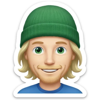 white man, mid thirties, blue eyes, mid length wavy hair, green beanie hat sticker