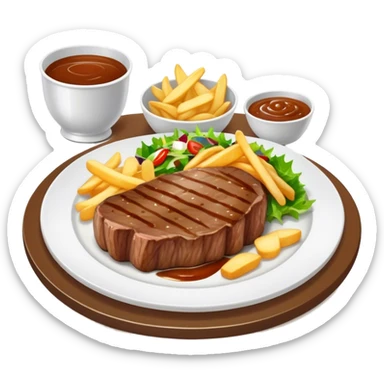big juicy australian steak meal featuring chips, small salad in a ramikan and gravy in a small bowl on the plate sticker