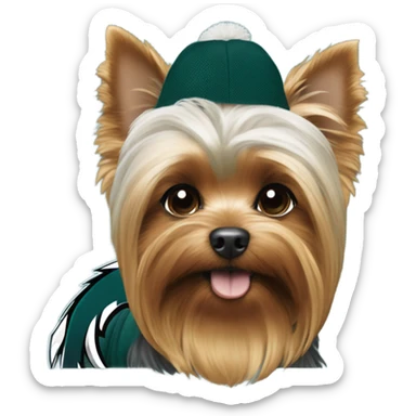 Yorkie wearing a Philadelphia eagles shirt sticker