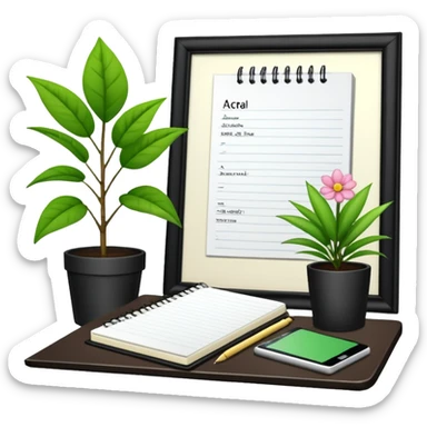 F U E R A    DE    O F I C I N A y detrás un escritorio moderno, con una notebook, una agenda y una planta con una flor sticker