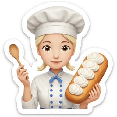 Young female baker - white chef hat, holding cream piping bag to milk oil on bread sticker