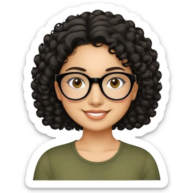 Latina in her early 30s with light tan complexion. Round face with prominent cheeks. Smiling with visible dimples. Dark eyes with black-framed glasses. Short defined curly black hair. Wearing a casual olive green top. sticker