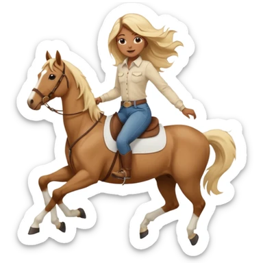 Brown girl with very long blonde/gold hair that’s blowing in the wind wearing a cream colored collared long sleeve shirt and jeans with brown boots on top of a brown horse with 4 legs sticker