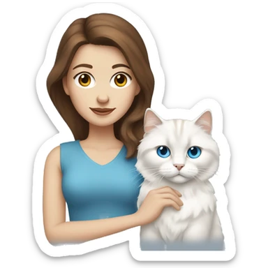 woman with brown hair and holding a all white Siberian cat with blue eyes sticker