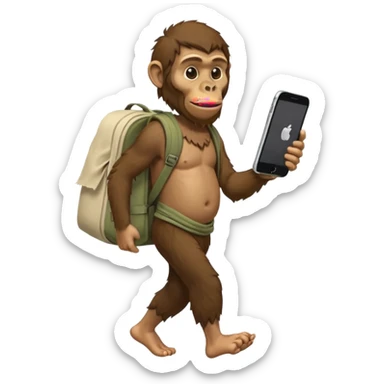 Draw an Australopithecus walking like a nomad, carrying a cloth bundle on its back, holding an iPhone in one hand and an open laptop with the screen visible in the other hand, in a cute flat iPhone emoji style. sticker