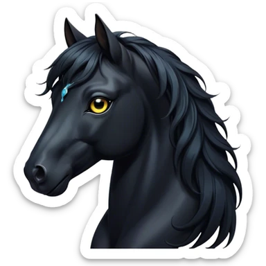Cinematic Elegant Black Horse Portrait Emoji, Head held high with a serene, powerful gaze, showcasing a magnificent jet-black fur with a radiant, glossy finish, a flowing mane and tail, and piercing dark eyes exuding beauty and strength, Simplified yet majestically refined features, highly detailed, glowing with a soft, ethereal light, high shine, poised and breathtaking, stylized with an air of pure elegance, capturing the essence of a stunning and graceful steed, so beautiful it feels like it could gallop out of the screen with effortless charm! sticker