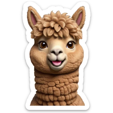 Cinematic Comical Brown Alpaca Portrait Emoji, Head tilted dramatically with an exaggeratedly amused expression, featuring a striking, plush brown fleece with playful texture, wide, expressive warm eyes filled with playful disbelief, Simplified yet hilariously expressive features, highly detailed, glowing with a slightly sassy glow, high shine, dramatic yet playful, stylized with an air of cheeky mischief, bright and endearing, soft glowing outline, capturing the essence of a spirited and over-the-top alpaca, so meme-worthy it feels like it could side-eye its way into internet fame instantly! sticker