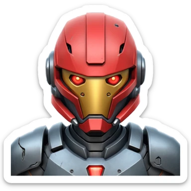 futuristic war robot portrait, head and shoulders only, aggressive design, sharp armor edges, glowing red eyes, battle-damaged helmet faceplate, heavy armor collar, intense dramatic lighting, sci-fi metal textures, 3D cartoon, mobile game icon style, clean background, no text, no watermark
 sticker