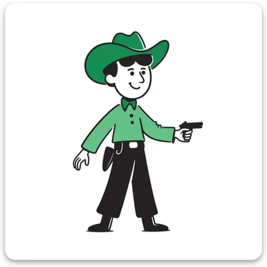 Hand-drawn cowboy character with green shirt, green pants, and matching green cowboy hat, western style sticker