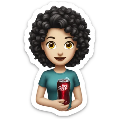 white girl with black curly hair holding a dr pepper  sticker